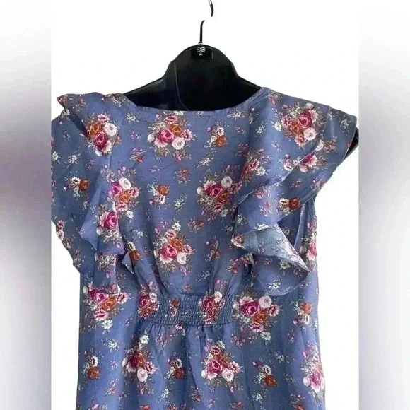 Double Zero women’s blue florar dress ruffle sleeves pearl buttons sz M pockets - Picture 5 of 9